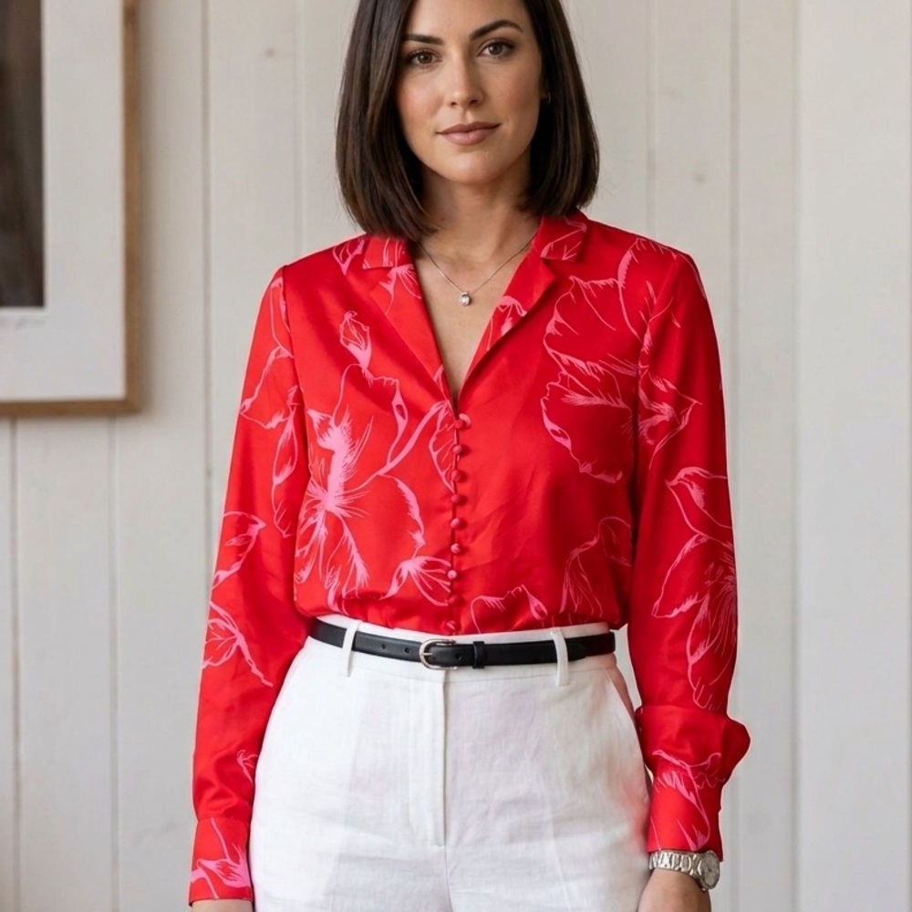 HUTCH Anthropologie Satin Etched Print Red Pink Tailored Blouse M NEW